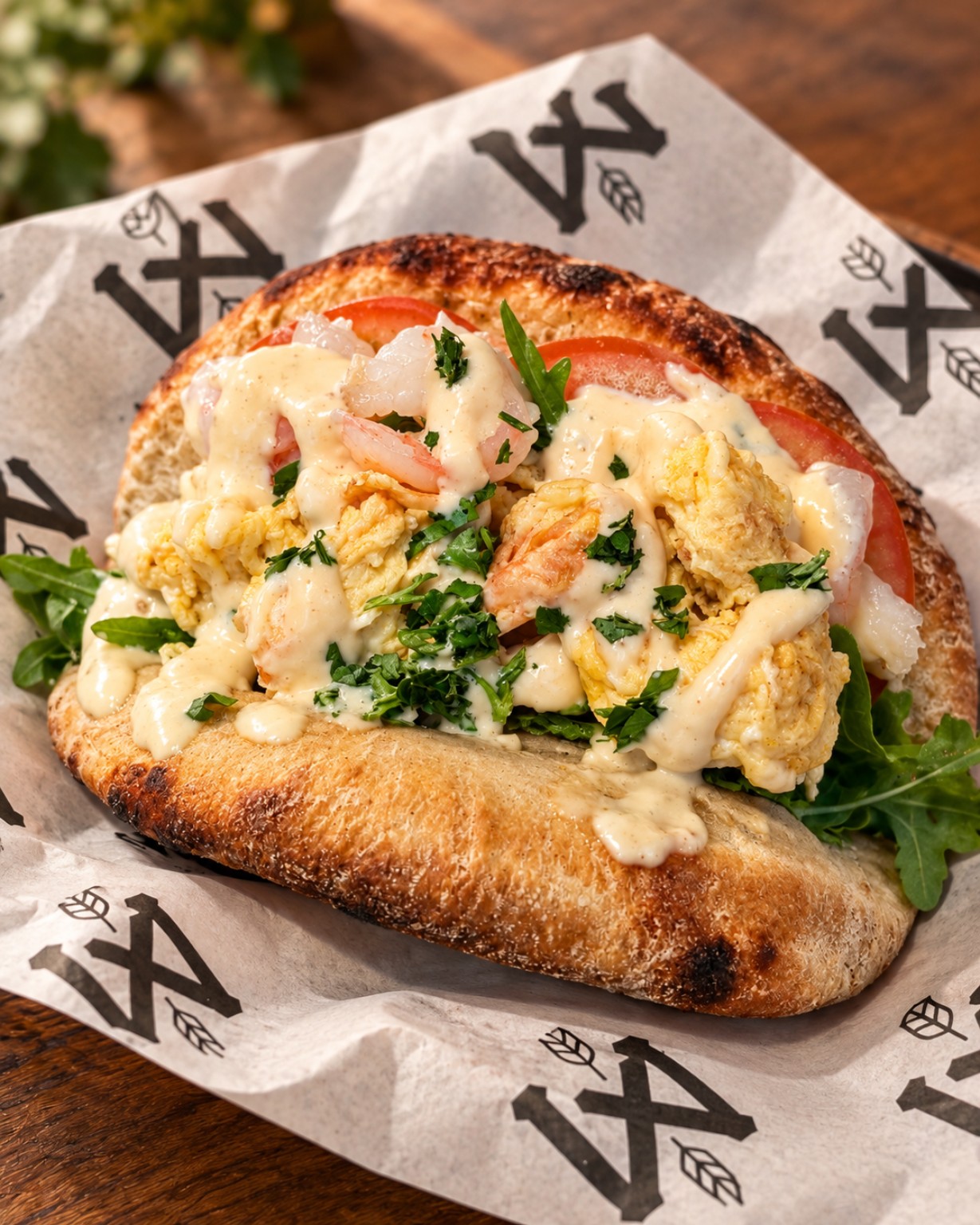HC317 brunch sandwich with prawns, scrambled eggs, tomato and greens